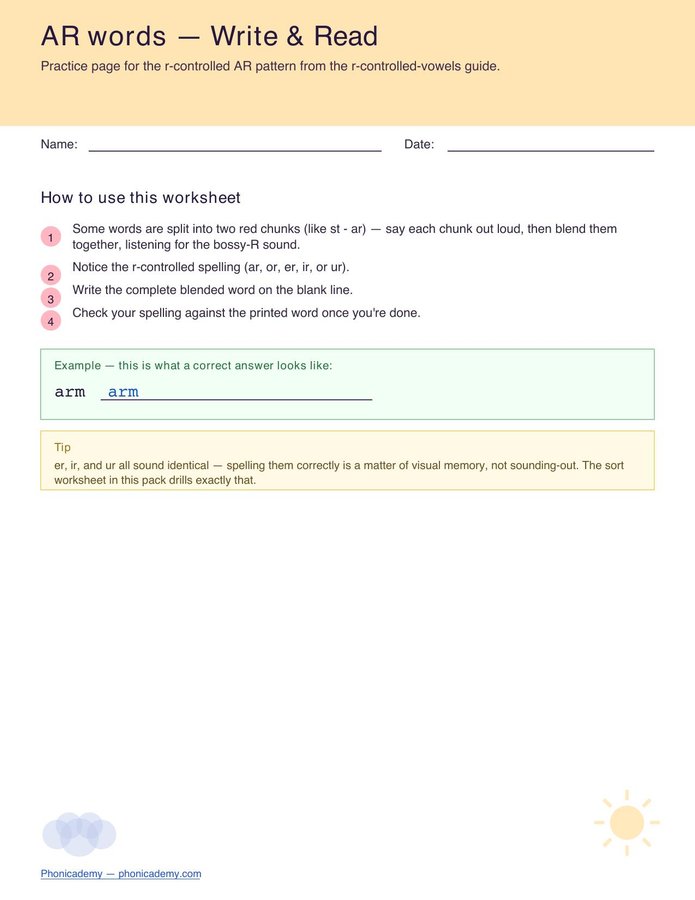 R-Controlled Worksheet — AR (Free PDF)
