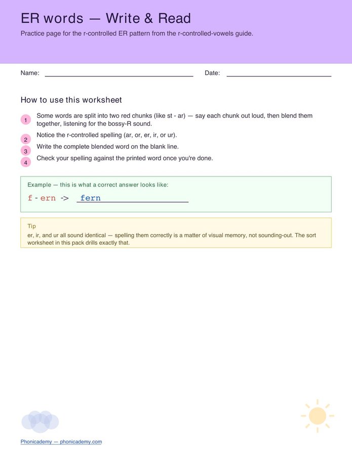 R-Controlled Worksheet — ER (Free PDF)