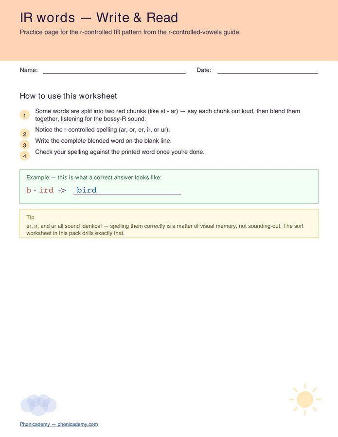 R-Controlled Worksheet — IR (Free PDF)