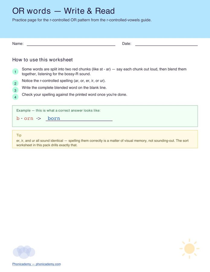 R-Controlled Worksheet — OR (Free PDF)