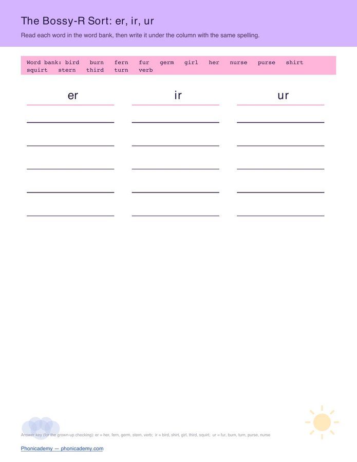 The Bossy-R Sort — er, ir, ur (Free PDF) — page 2
