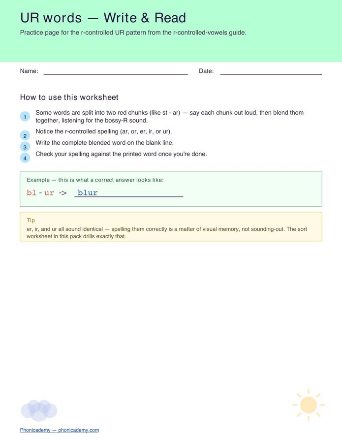 R-Controlled Worksheet — UR (Free PDF)