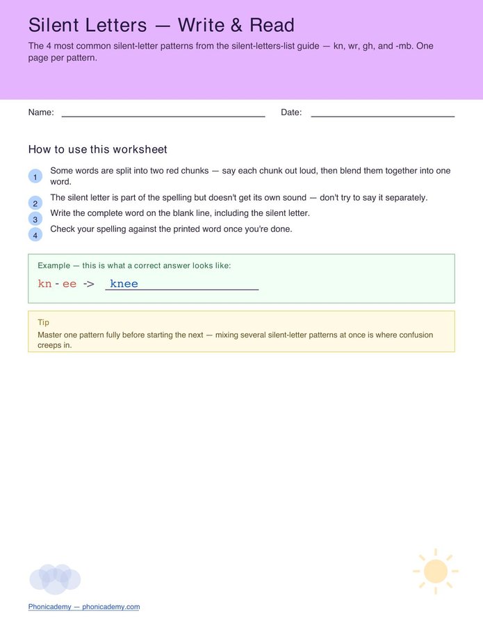 Silent Letters Worksheet — kn, wr, gh, mb (Free PDF)