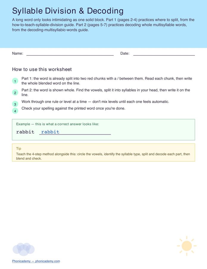 Syllable Division & Decoding Worksheet (Free PDF)