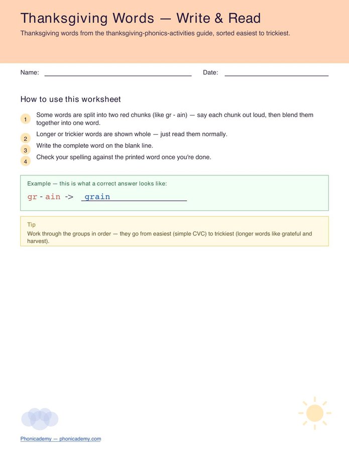 Thanksgiving Words — Write & Read (Free PDF)