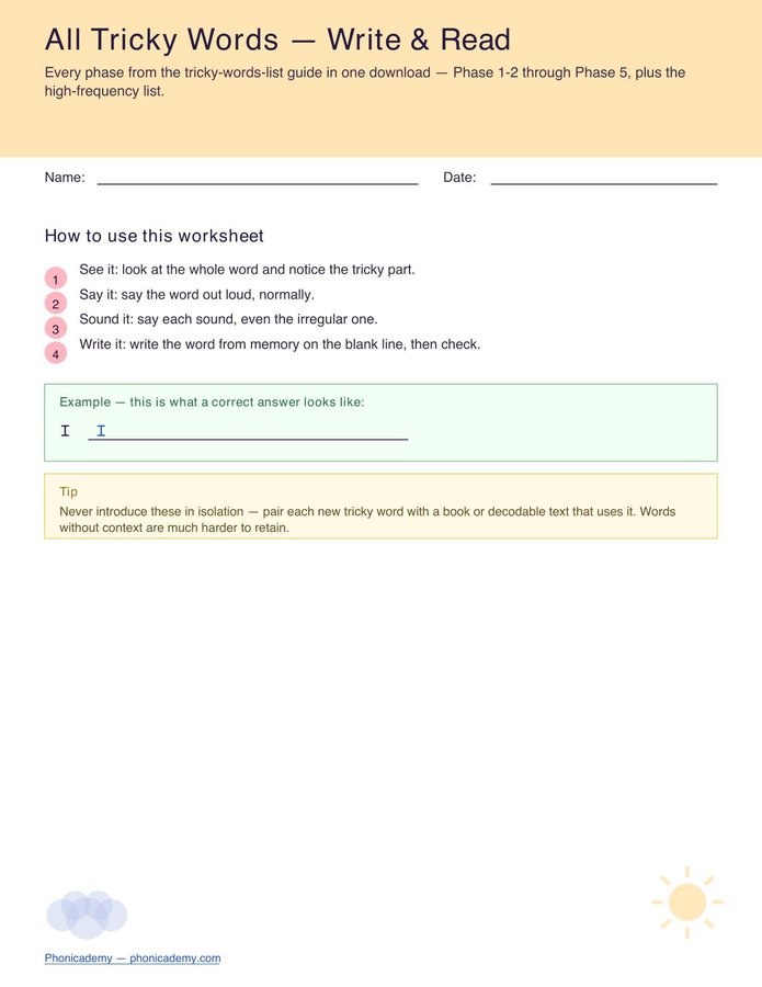 Tricky Words Worksheet — All Phases (Free PDF)