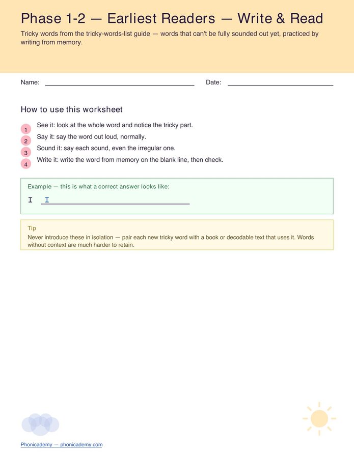 Tricky Words Worksheet — Phase 1-2 (Free PDF)
