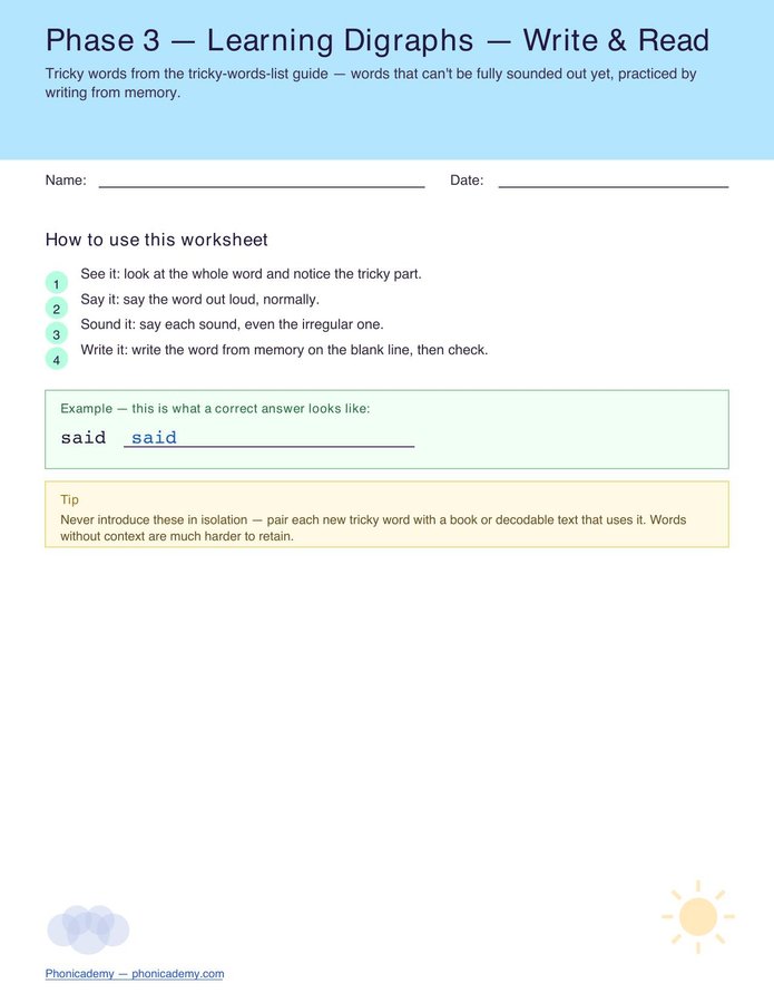 Tricky Words Worksheet — Phase 3 (Free PDF)