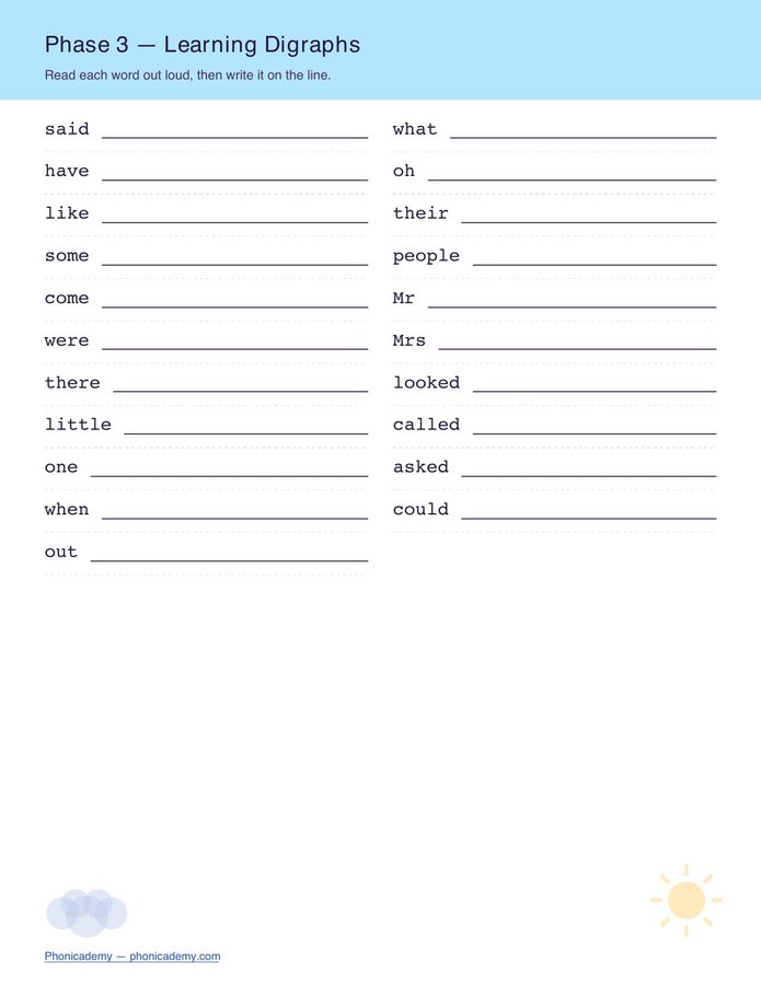 Tricky Words Worksheet — Phase 3 (Free PDF) — page 2