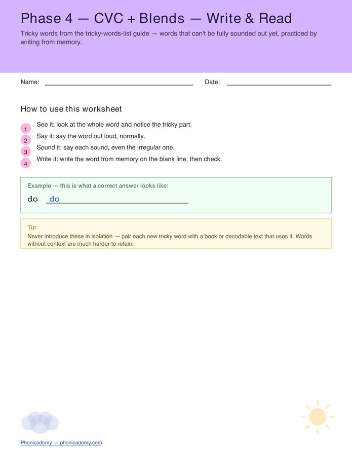 Tricky Words Worksheet — Phase 4 (Free PDF)