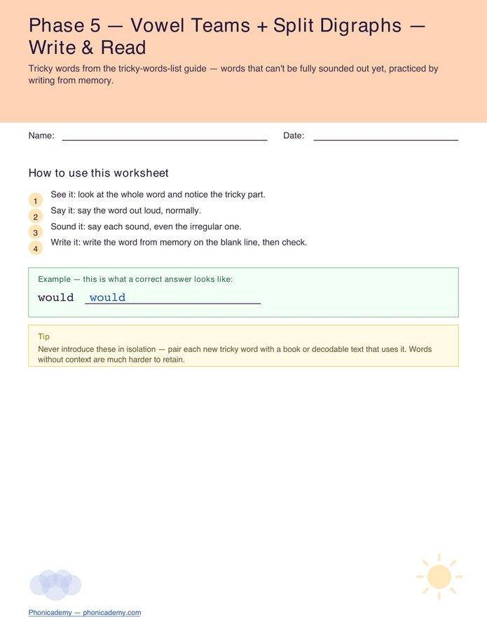 Tricky Words Worksheet — Phase 5 (Free PDF)