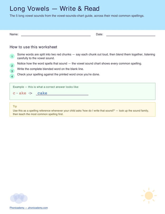 Vowel Sounds Worksheet — Long Vowels (Free PDF)