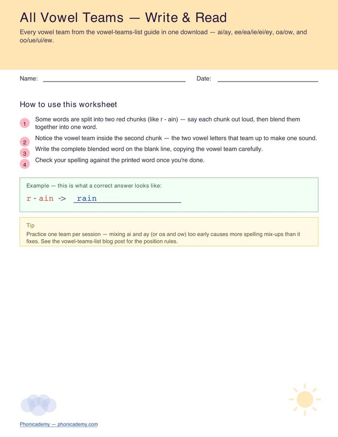 Vowel Teams Worksheet — All Families (Free PDF)