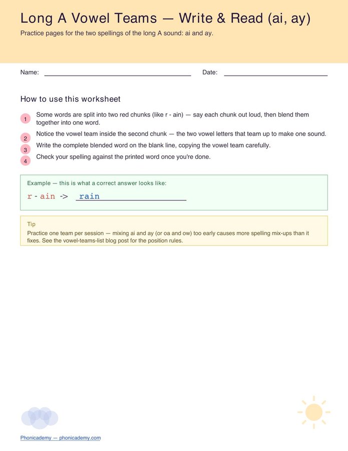 Vowel Teams Worksheet — Long A (ai/ay) (Free PDF)