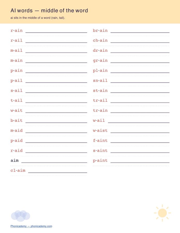 Vowel Teams Worksheet — Long A (ai/ay) (Free PDF) — page 2