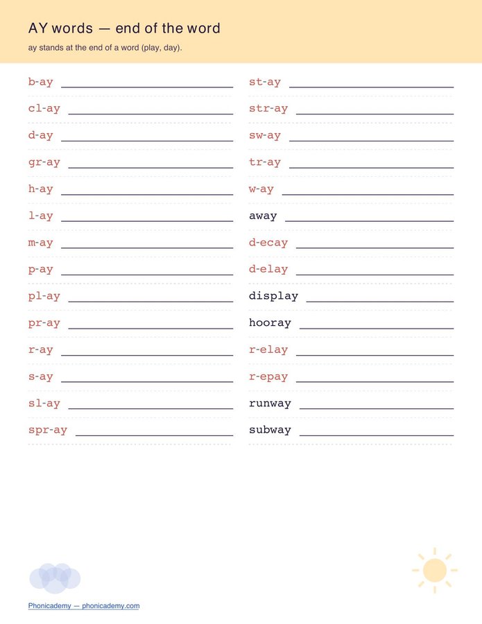 Vowel Teams Worksheet — Long A (ai/ay) (Free PDF) — page 3