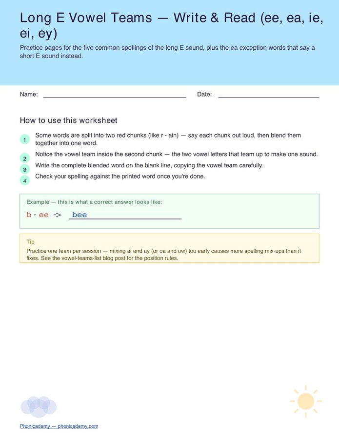 Vowel Teams Worksheet — Long E (ee/ea) (Free PDF)