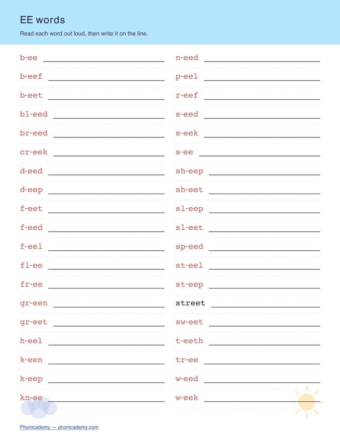 Vowel Teams Worksheet — Long E (ee/ea) (Free PDF) — page 2