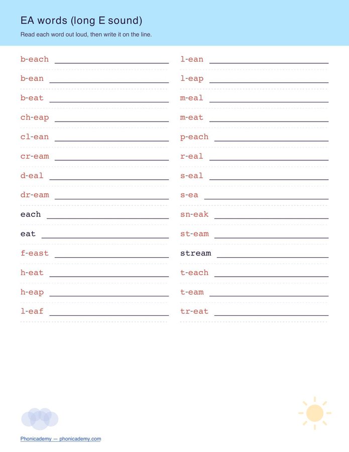 Vowel Teams Worksheet — Long E (ee/ea) (Free PDF) — page 3