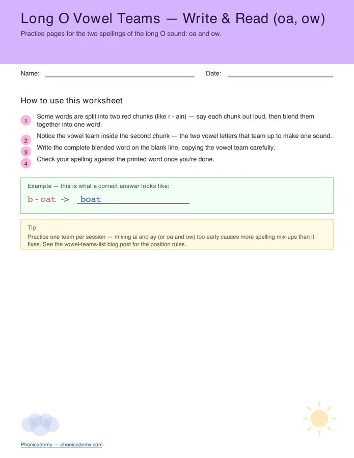 Vowel Teams Worksheet — Long O (oa/ow) (Free PDF)