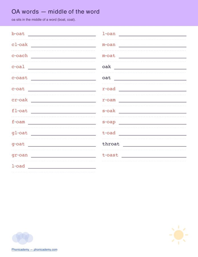 Vowel Teams Worksheet — Long O (oa/ow) (Free PDF) — page 2