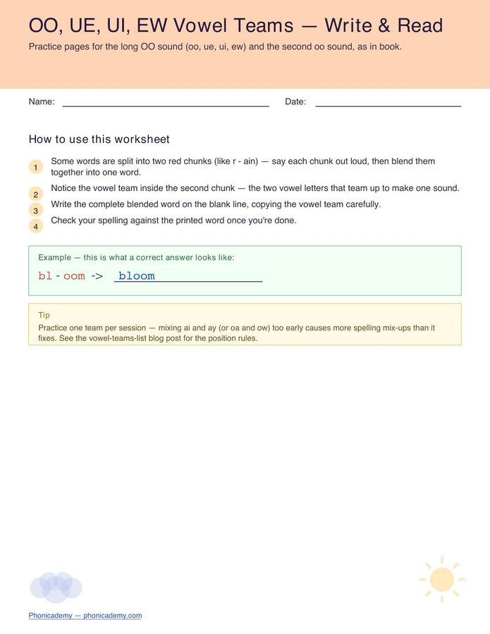 Vowel Teams Worksheet — OO Family (Free PDF)