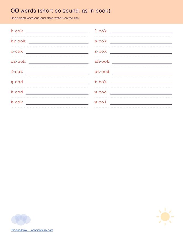 Vowel Teams Worksheet — OO Family (Free PDF) — page 3