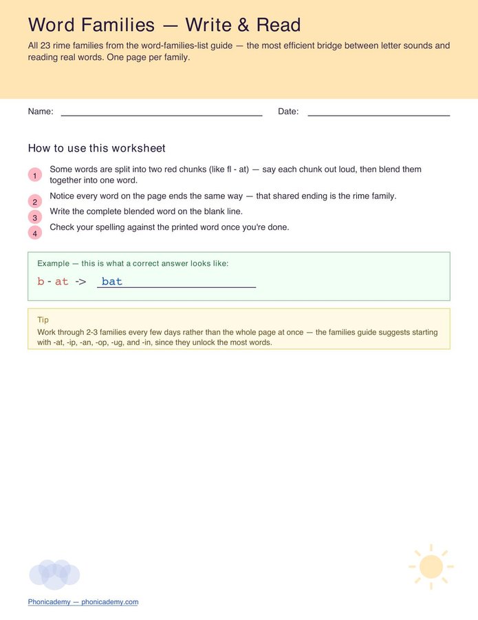 Word Families Write & Read — All 23 Families (Free PDF)
