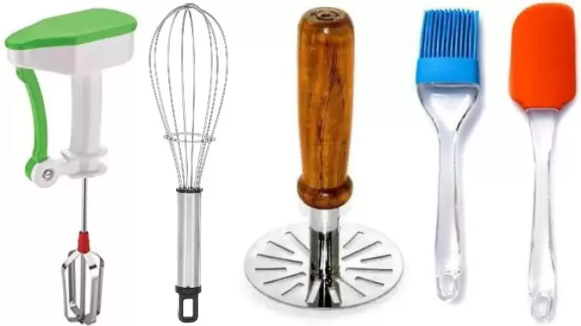 OMORTEX of Power Free Hand Blender, Wooden (Pack Of 5) Kitchen Tool Set (Multicolour, Blender, Spatula, Masher, Whisk, Brush)