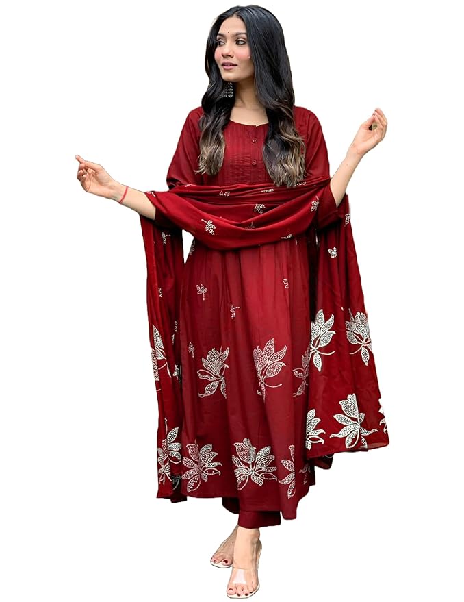 GoSriKi Women's Rayon Viscose Anarkali Printed Kurta with Pant & Dupatta