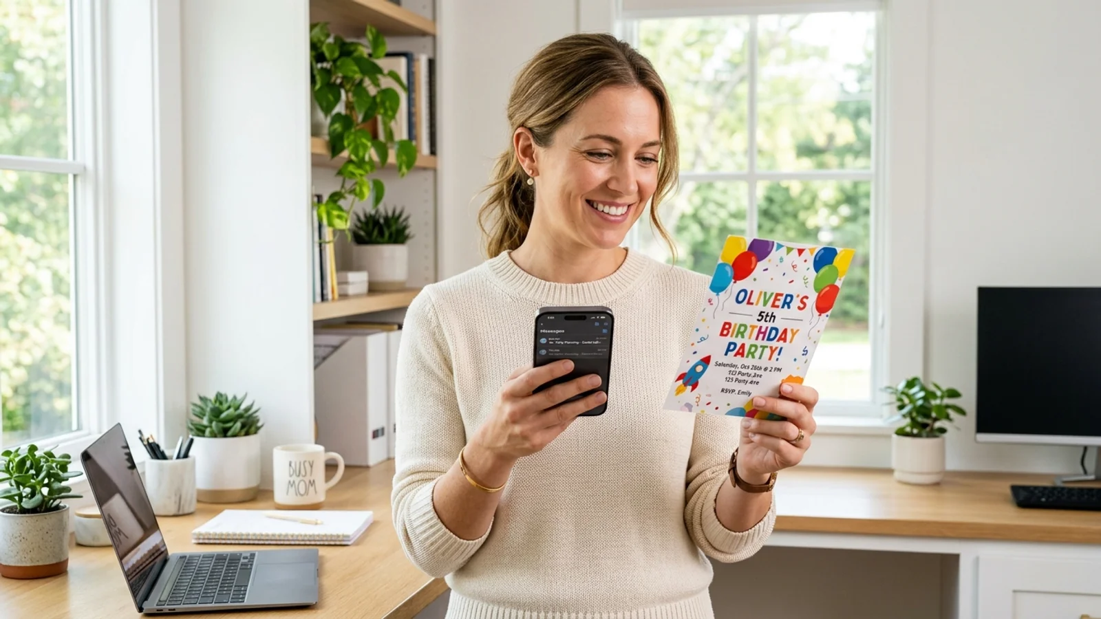 A parent using a smartphone to scan a party invitation for their calendar.