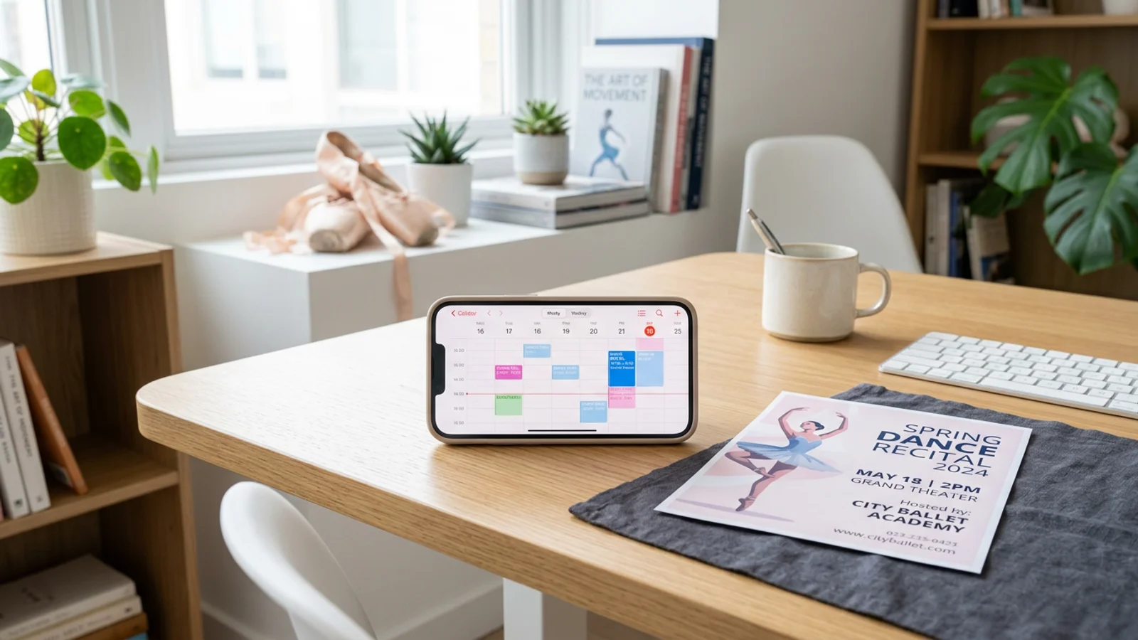 A smartphone showing a calendar app next to a printed dance flyer on a clean desk.