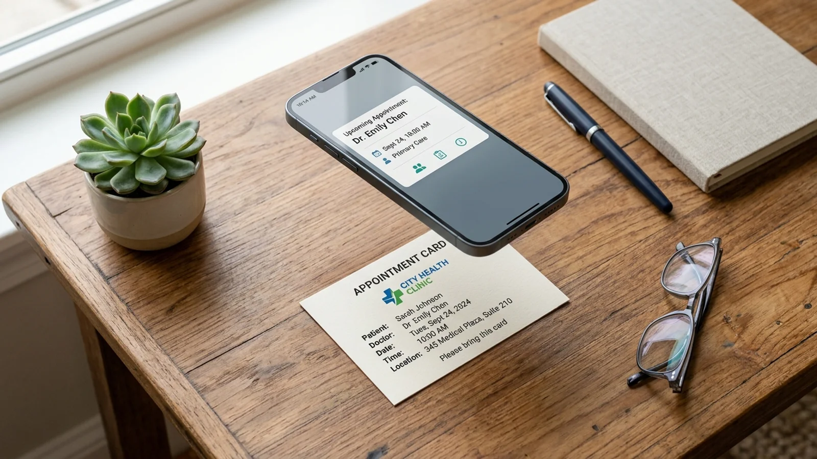 Smartphone scanning a medical appointment card to sync with a calendar app.