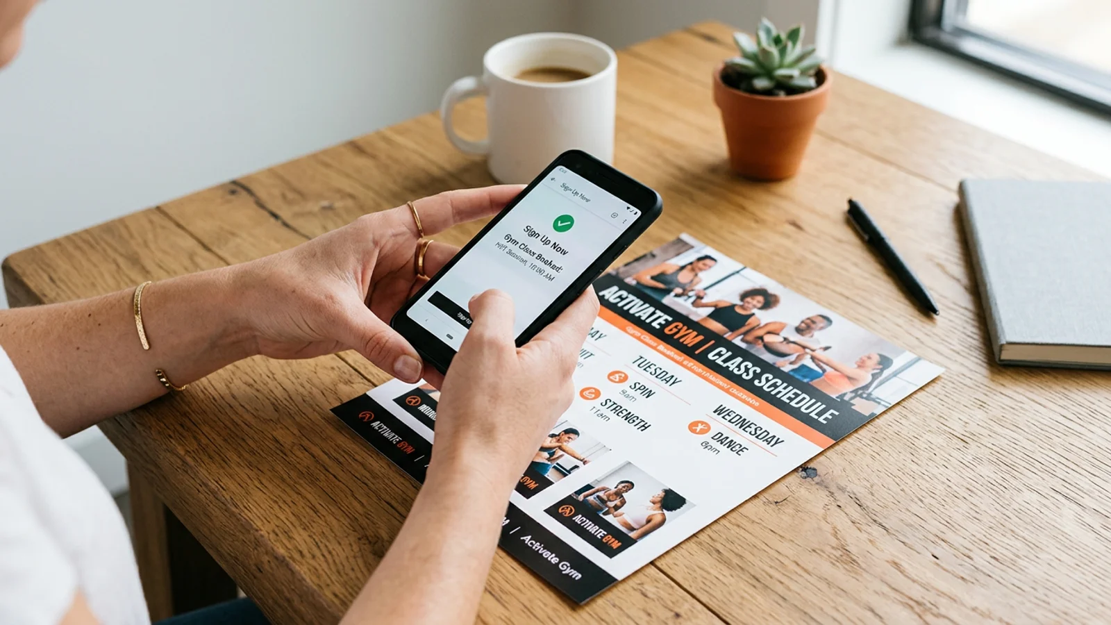 A person using a smartphone to scan a gym class schedule into their calendar.