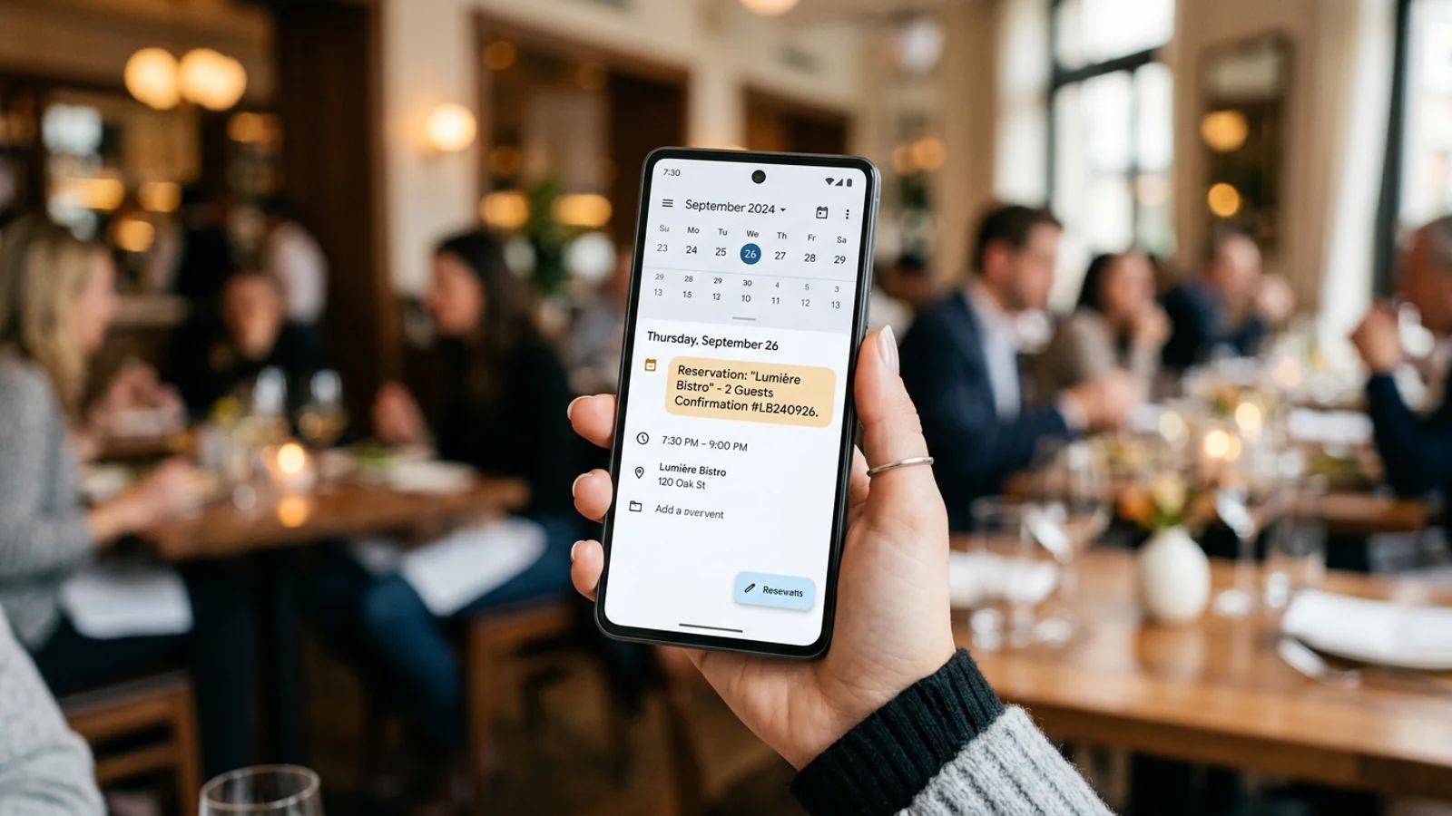 Smartphone displaying a restaurant reservation on a calendar app.