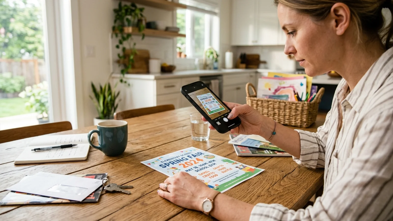 A parent using a smartphone to scan a school event flyer to add it to a digital calendar.