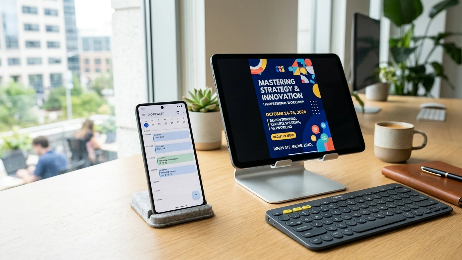 Smartphone and tablet on a desk showing an automated calendar event creation process from a workshop screenshot.