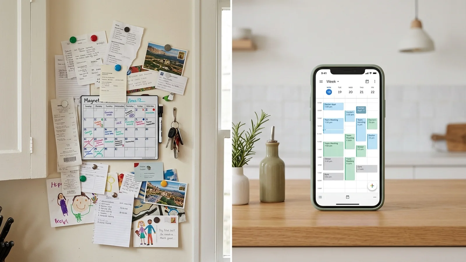 Confronto tra una lavagna di carta disordinata e un calendario digitale pulito su smartphone.