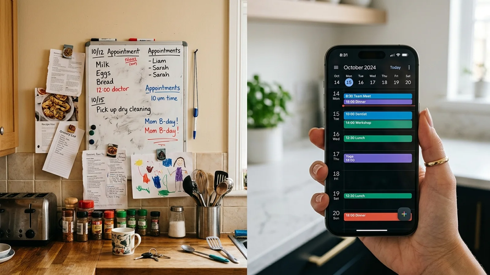 Comparison of a cluttered physical whiteboard versus a clean digital calendar app on a smartphone.