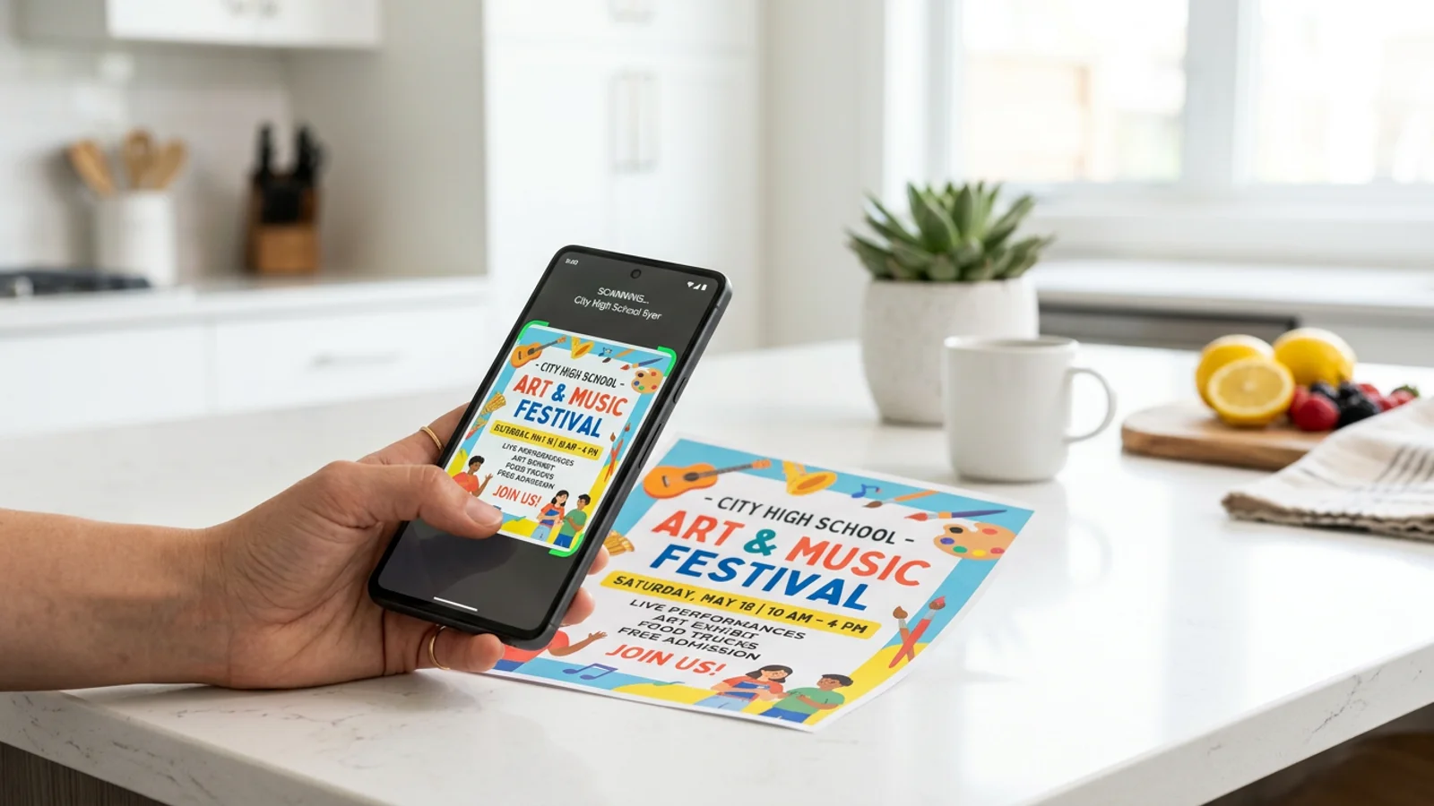 Ein Smartphone scannt einen Papierflyer, um ihn auf einer sauberen Küchentheke in einen digitalen Kalendereintrag zu verwandeln.