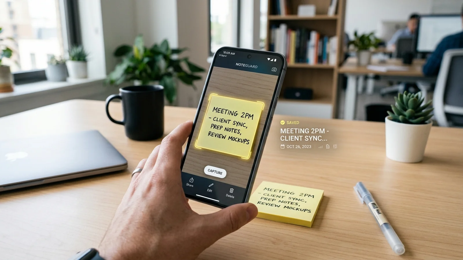 Fotocamera di uno smartphone che inquadra un post-it giallo per convertirlo in un evento del calendario digitale