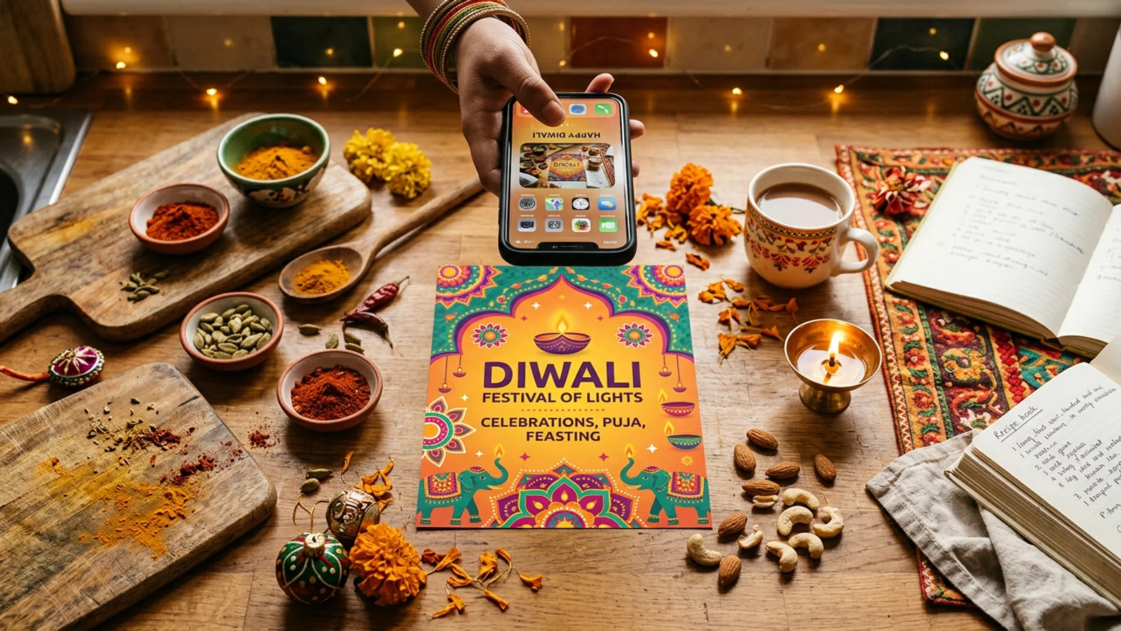 A smartphone scanning a paper holiday flyer to organize a family calendar.