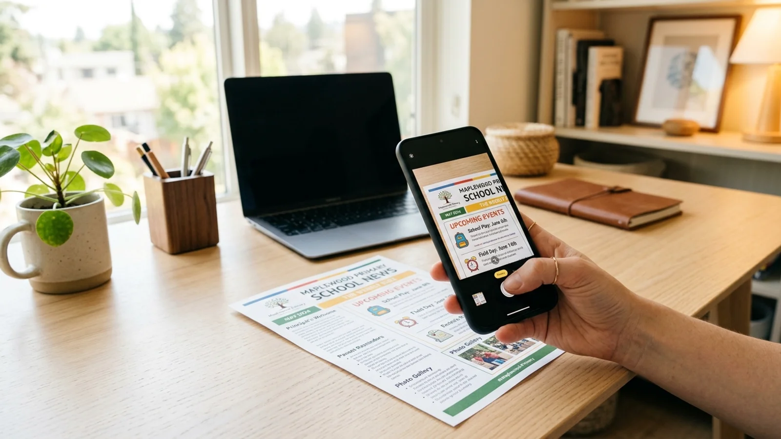 Uno smartphone che scansiona una newsletter dell'asilo per organizzare il calendario familiare.
