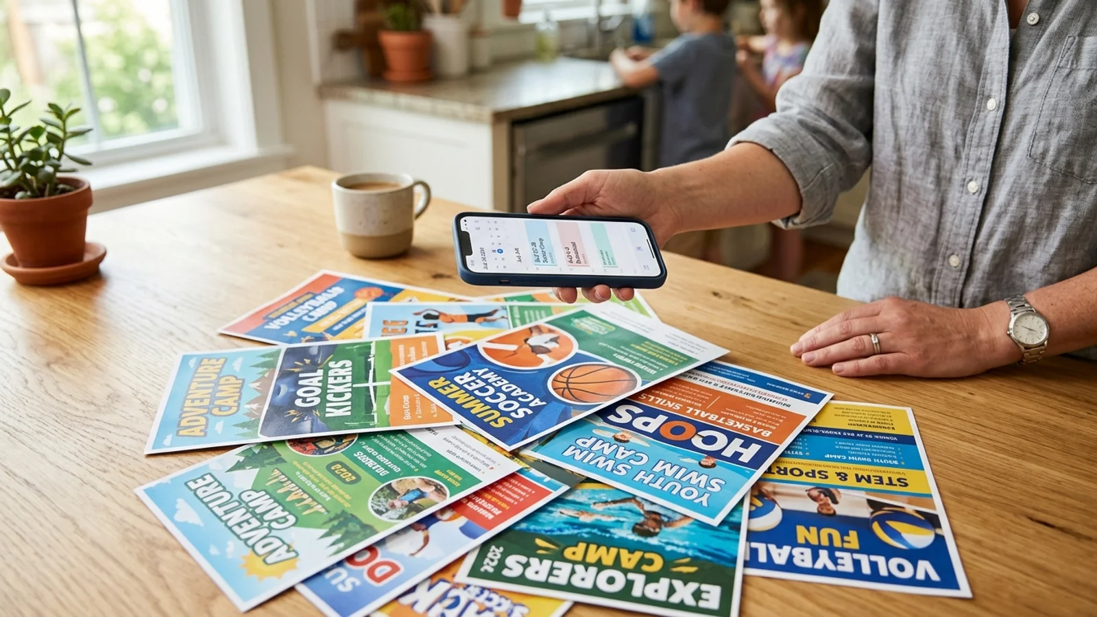 Parent using a smartphone to scan a sports camp registration flyer on a kitchen table.