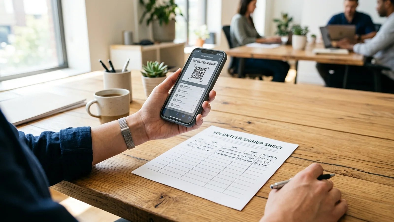 Un volontario che usa lo smartphone per scansionare un foglio di turni cartaceo in un'app di calendario digitale.