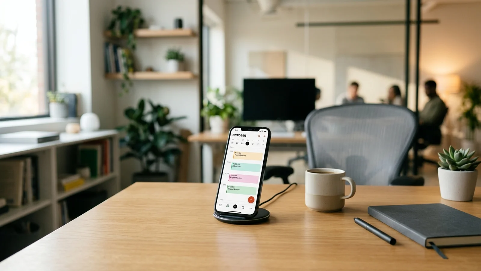 Smartphone mit professioneller Kalender-App auf einem aufgeräumten Büroschreibtisch