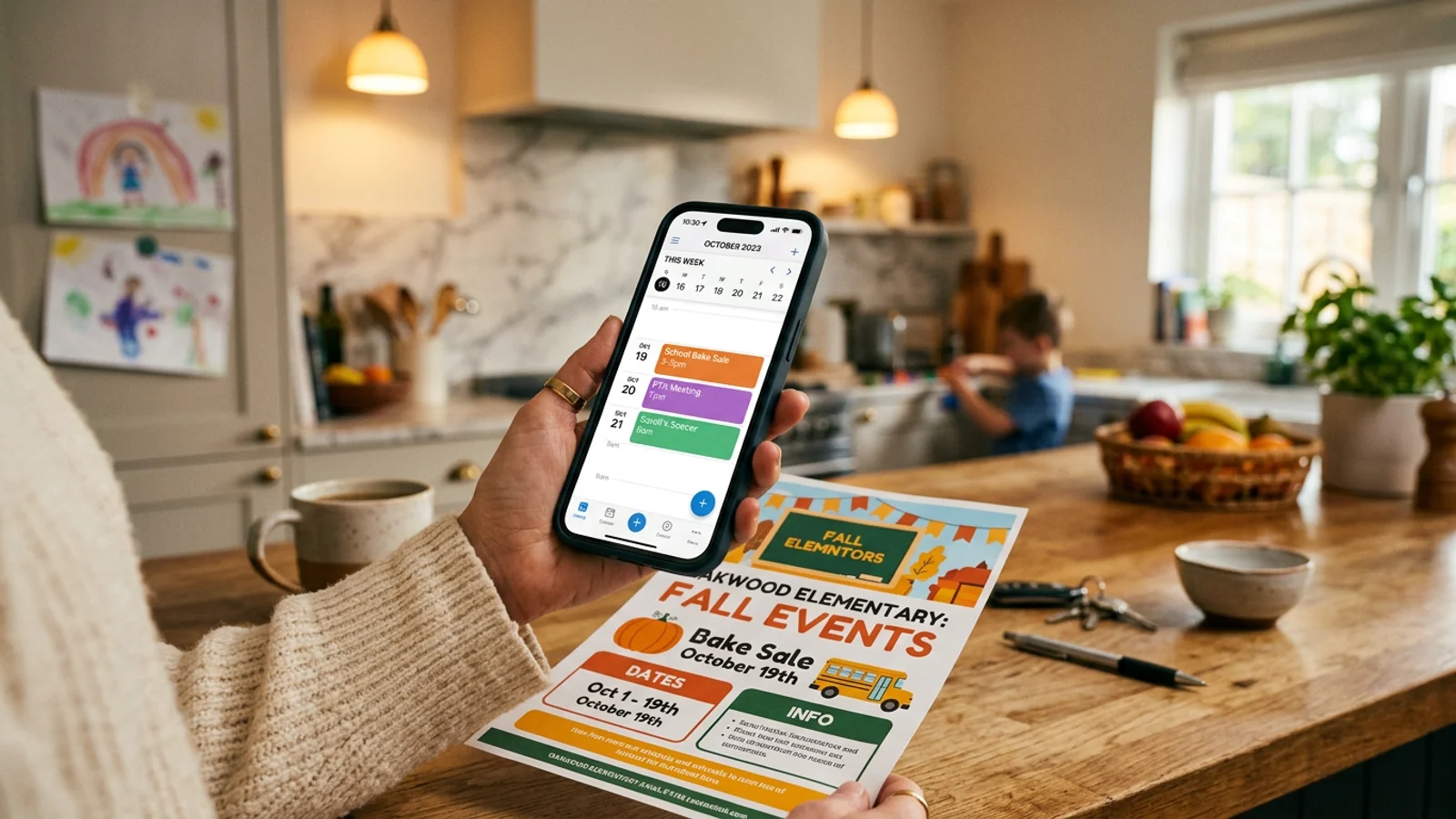 Un genitore che utilizza un'app OCR per scansionare un volantino scolastico nel proprio calendario digitale.