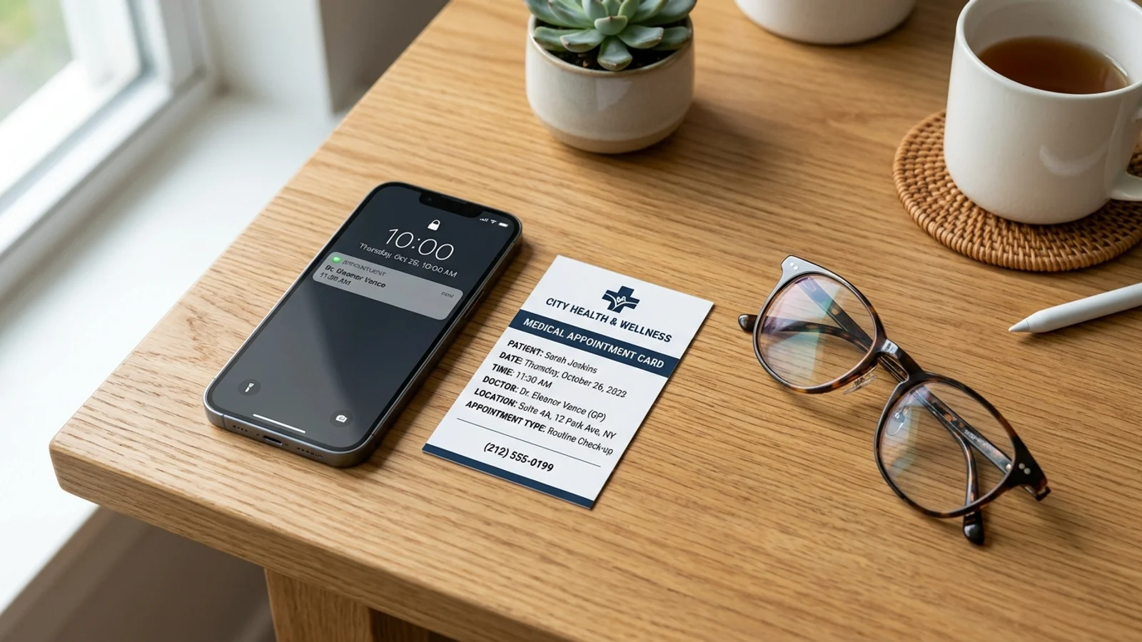 Uno smartphone che utilizza un'app per scansionare un promemoria di un appuntamento medico su una scrivania.