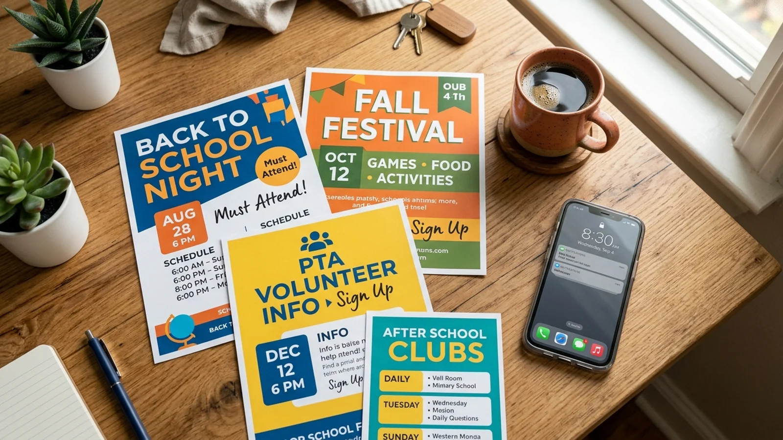 Smartphone scanning a school flyer on a kitchen table