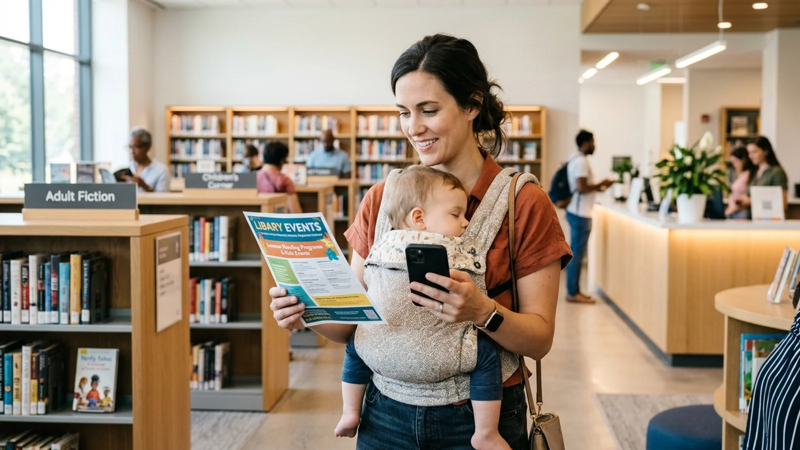Ein Elternteil scannt mit dem Smartphone einen Flyer für ein Bibliotheks-Event in den digitalen Kalender.
